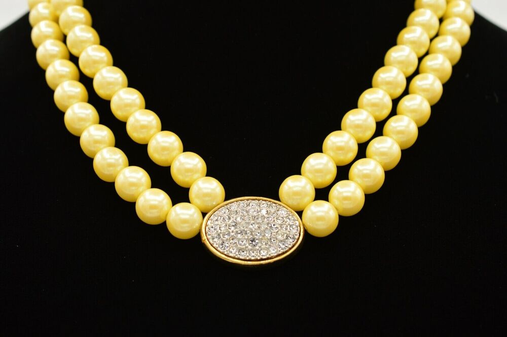 Avon Vintage Statement Collar Necklace Double Pearl Rhinestone Gold PL Signed 9J
